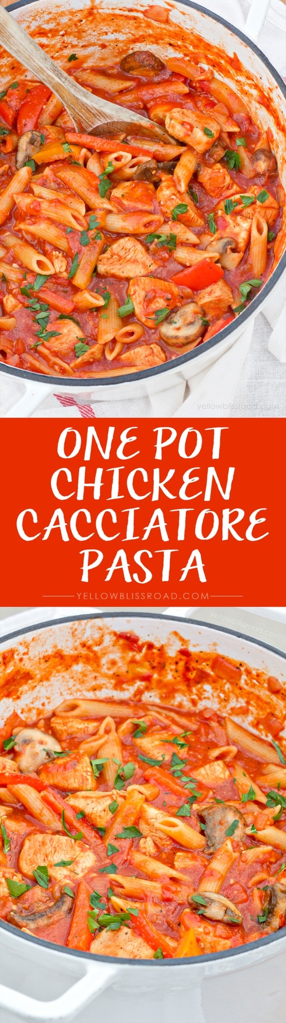 One Pot Chicken Cacciatore Pasta with Peppers and Mushrooms - Cooks in about 30 minutes and all in one pot!
