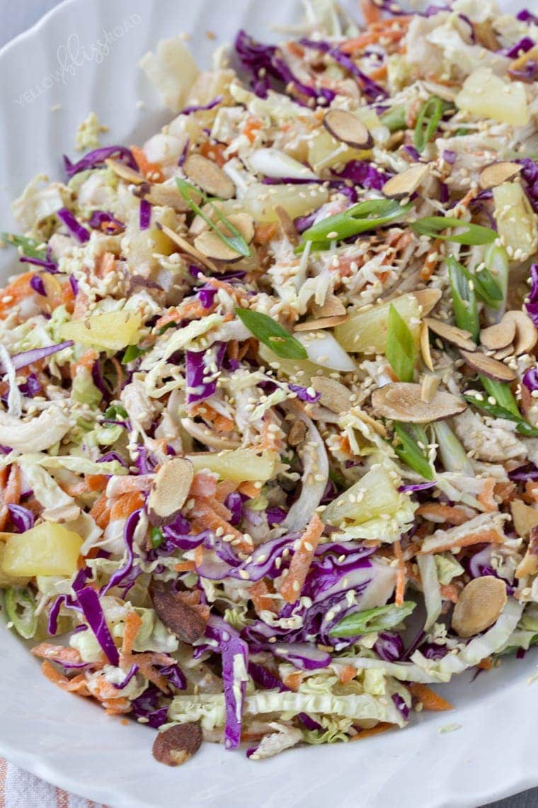 Tropical Chicken Slaw with Creamy Pineapple Vinegairette, Toasted Almonds & Sesame Seeds