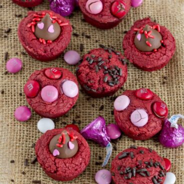 close up of red velvet brownie bites