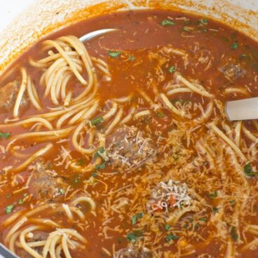 A bowl of Meatball and Spaghetti soup