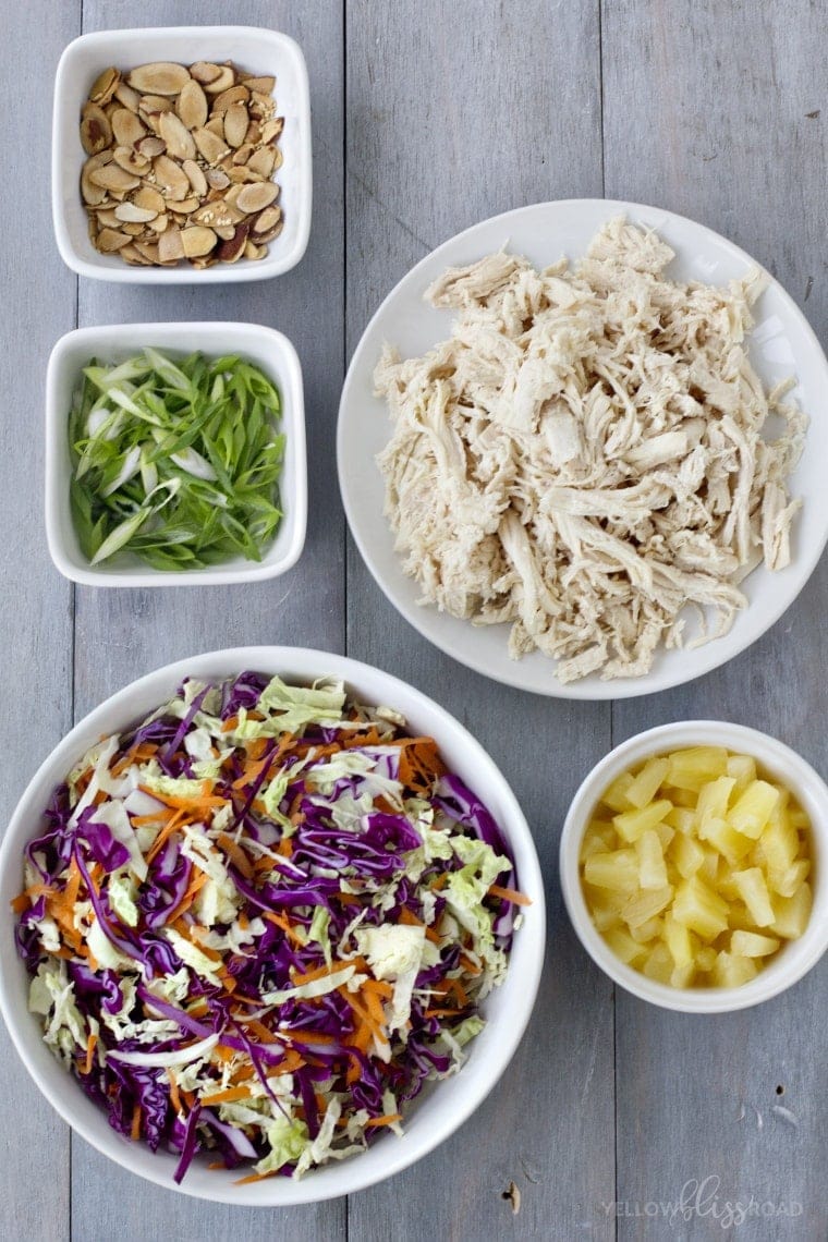 Tropical Chicken Slaw with Creamy Pineapple Vinegairette, Toasted Almonds & Sesame Seeds