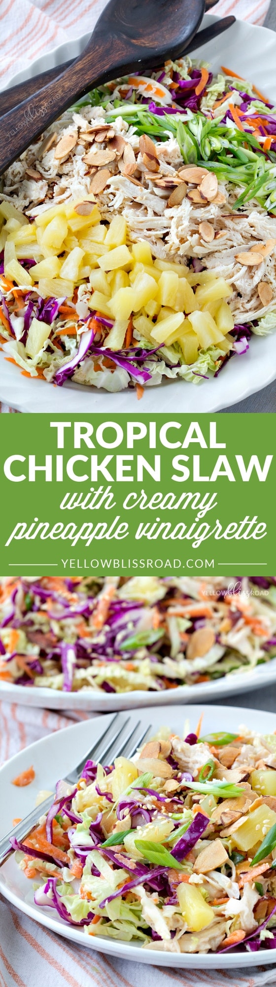 Tropical Chicken Slaw with Creamy Pineapple Vinegairette, Toasted Almonds & Sesame Seeds