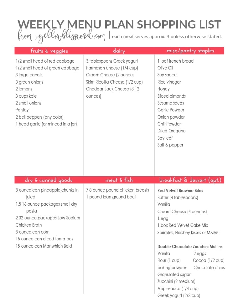 weekly meal list