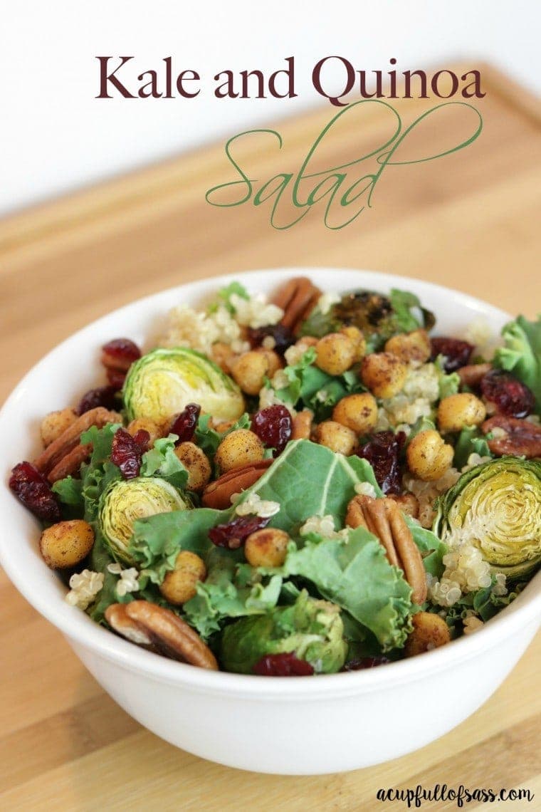 Kale Quinoa Salad - a healthy and delicious salad made with roasted brussel sprouts, toasted pecans and cinnamon spiced chickpeas.