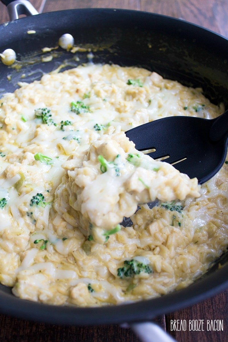 This easy Cheesy One Pan Chicken, Broccoli & Rice Skillet is perfect for busy weeknights!