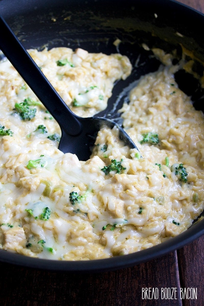 This easy Cheesy One Pan Chicken, Broccoli & Rice Skillet is perfect for busy weeknights!