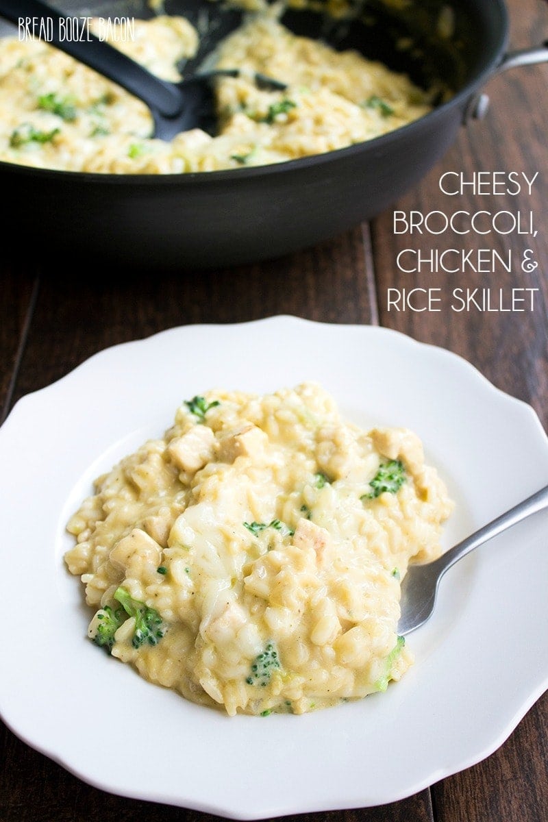 This easy Cheesy One Pan Chicken, Broccoli & Rice Skillet is perfect for busy weeknights!