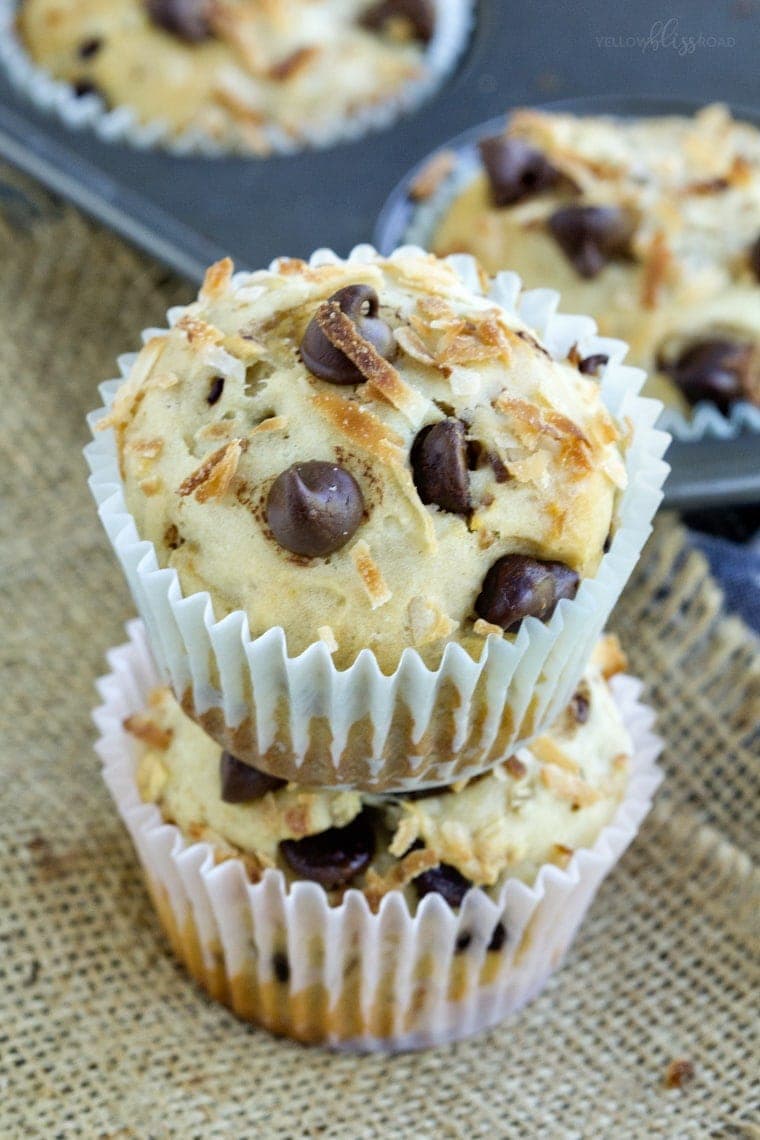 Toasted Coconut Chocolate Chip Muffins - Egg free and made with Greek Yogurt