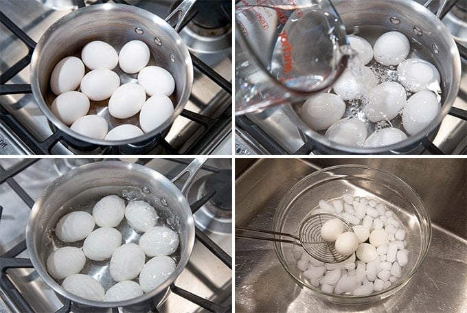 A collage of photos with eggs in a saucepan boiling on the stove.