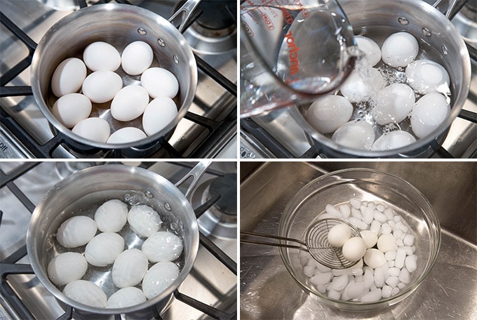 Learn how to make hard boiled eggs in just a few simple steps. Get those perfectly firm whites and creamy yellow centers every time you boil eggs! A collage of photos with eggs in a saucepan boiling on the stove.