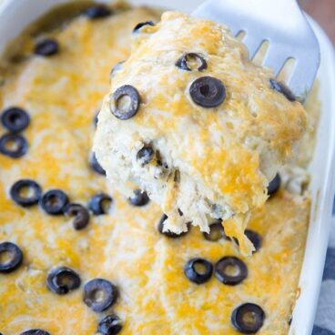 A dish full of enchilada casserole