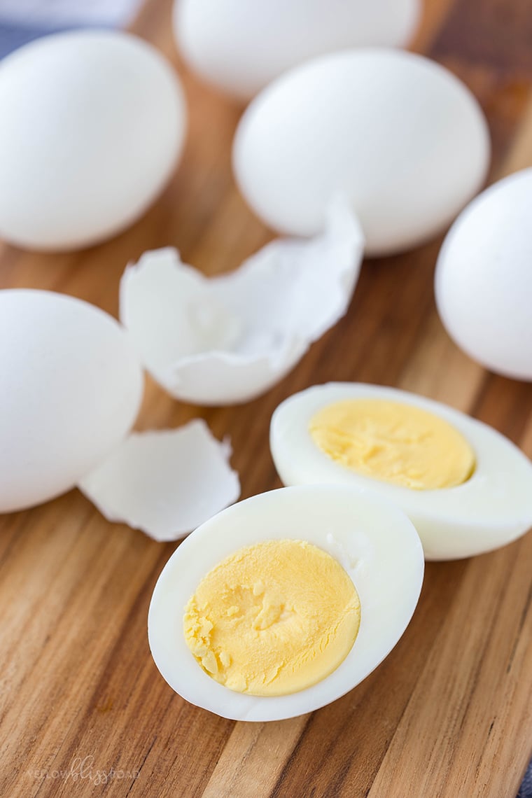 A close up of a hard boiled egg that's been sliced in half.