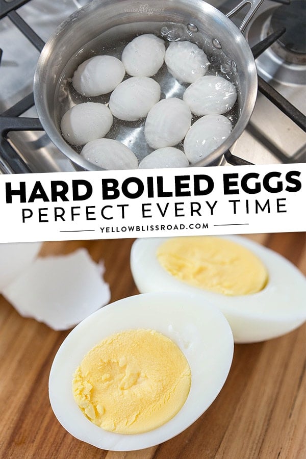 A collage of photos depicting eggs boiling in water and then an egg peeled and sliced in half.