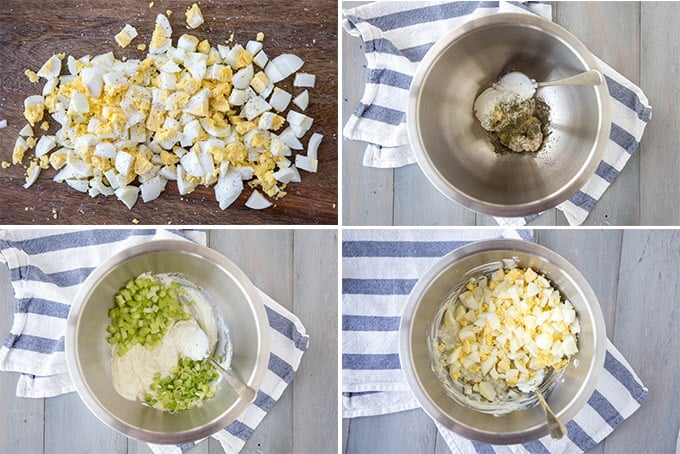 Collage of photos showing the steps to make egg salad