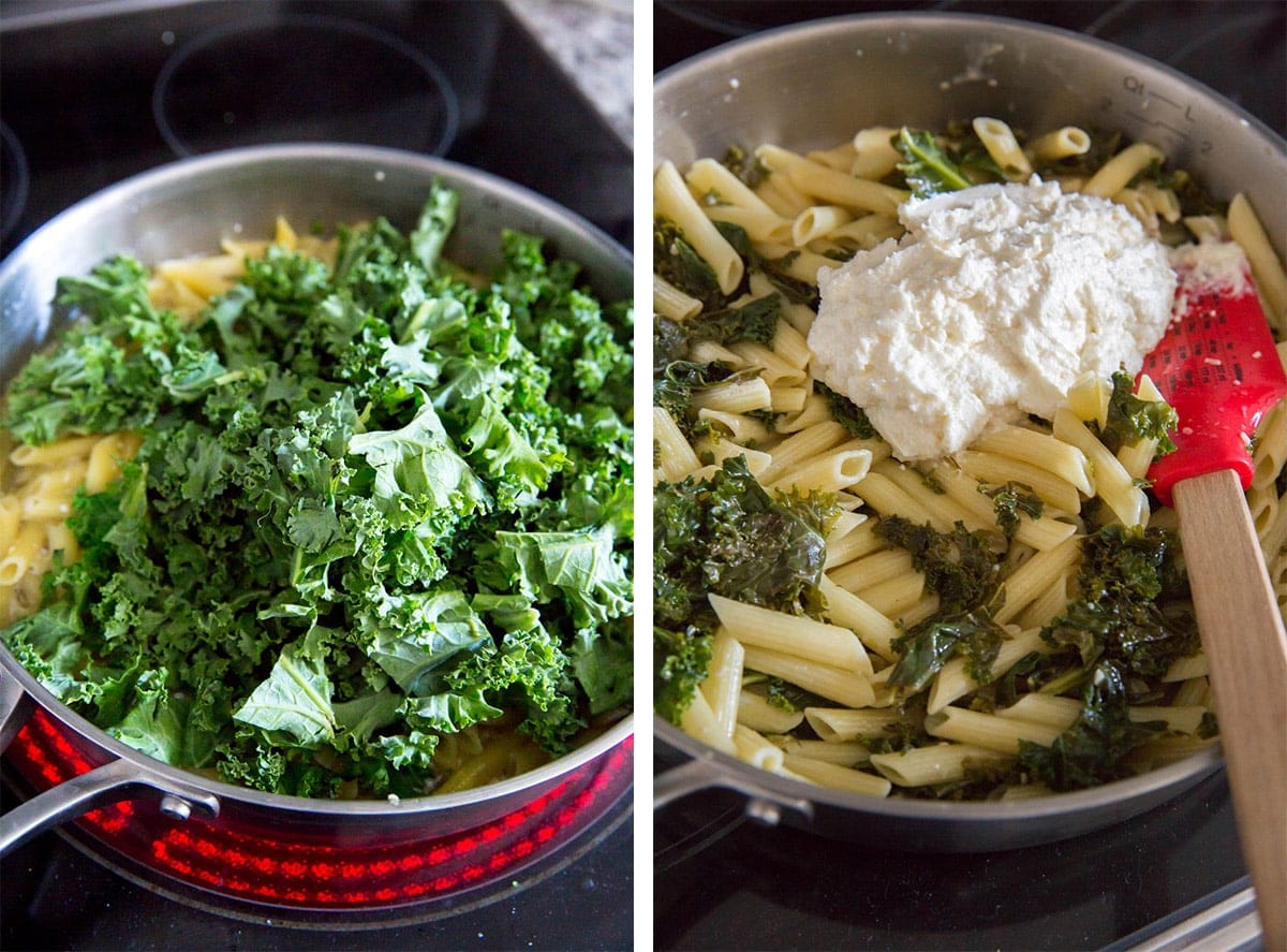 collage of two images showing how to add kale to pasta