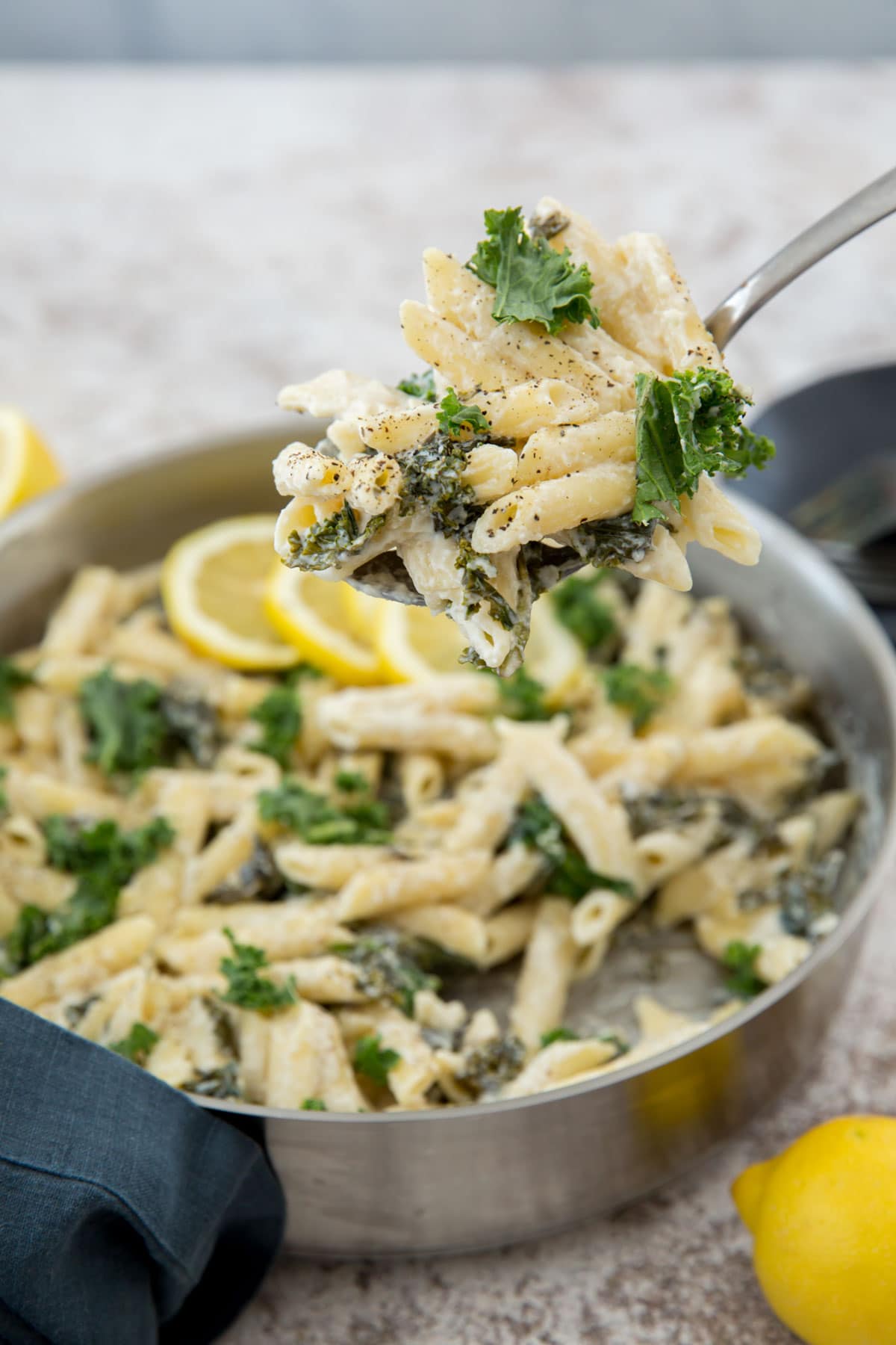 silver large skillet with lemon kale pasta 