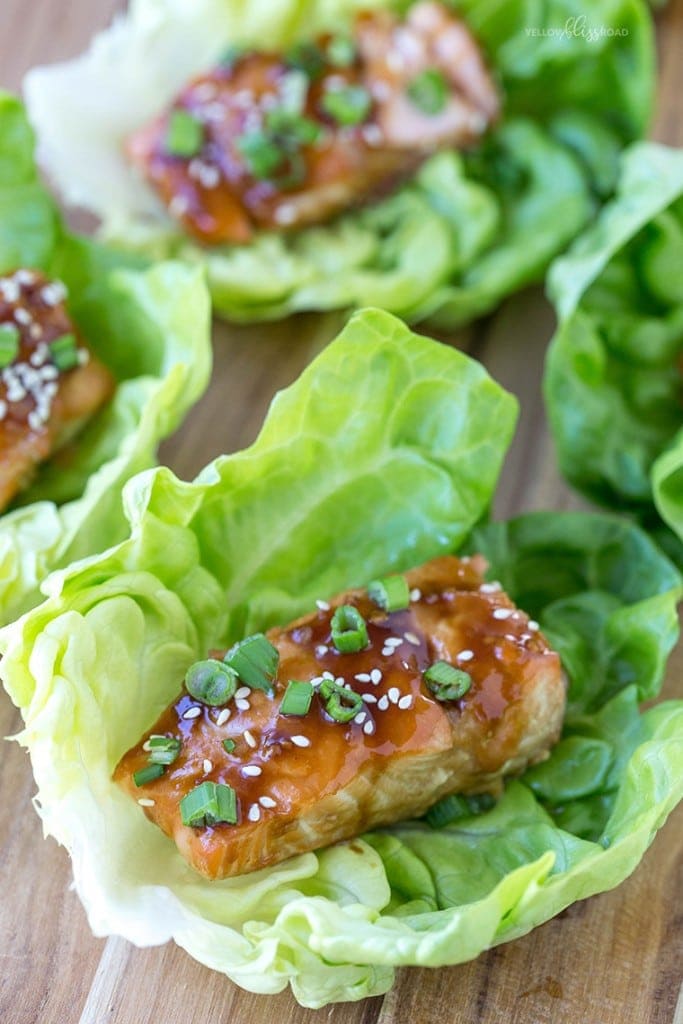 Baked Teriyaki Salmon Lettuce Wraps with a Creamy Ginger Soy Sauce