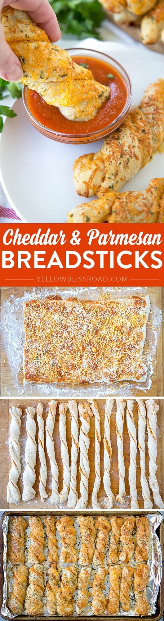 Cheddar & Parmesan Breadsticks - easy to make using premade pizza dough and sauce