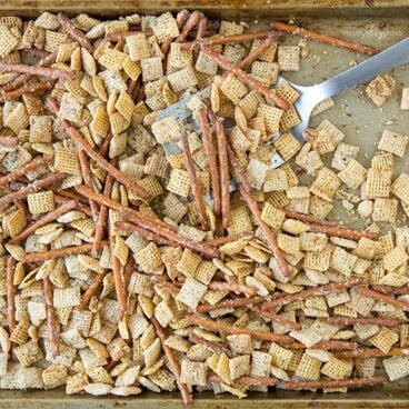 Chex mix on a sheet pan