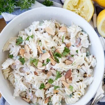 A bowl of Chicken Pasta salad