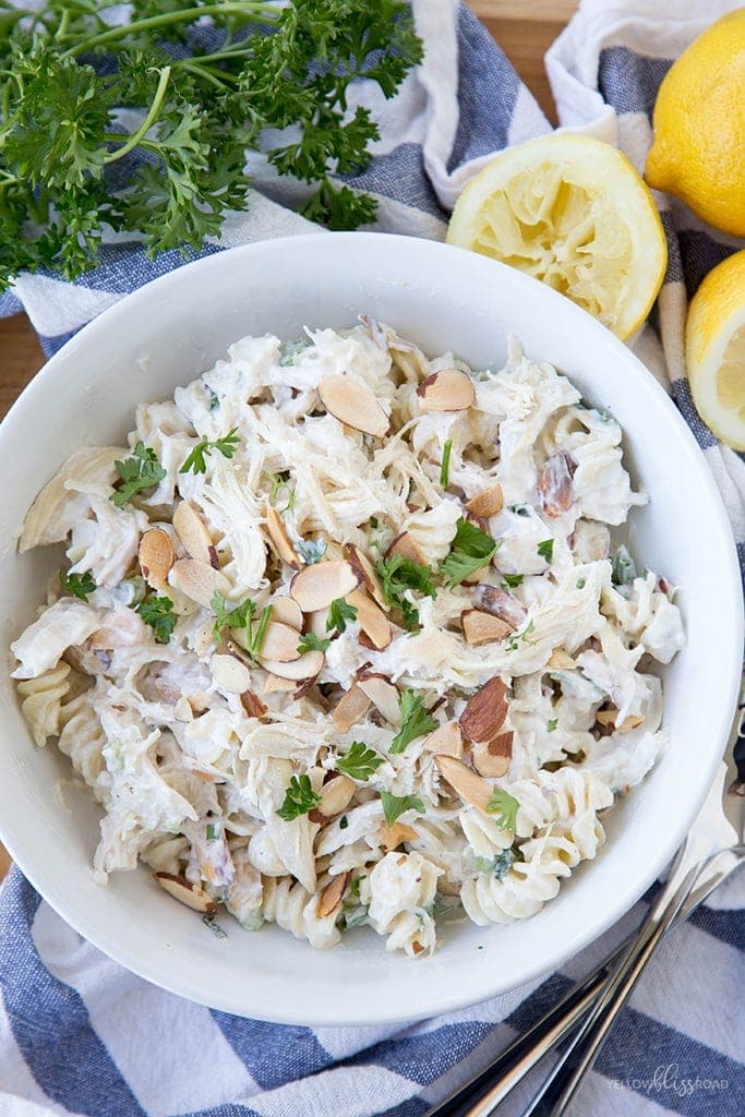 Creamy Lemon Chicken Pasta Salad - Chicken Salad with Pasta and a tangy, creamy lemon and Greek yogurt dressing.