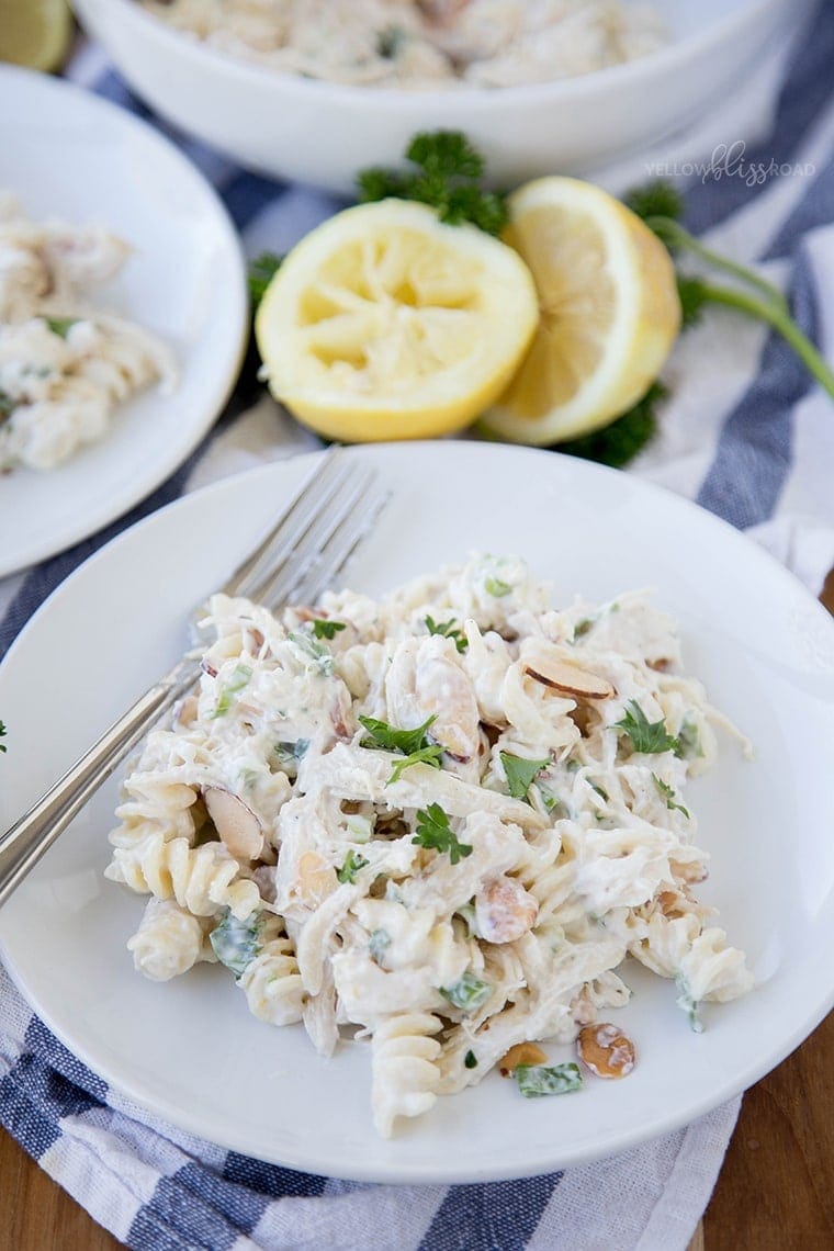 Creamy Lemon Chicken Pasta Salad - Chicken Salad with Pasta and a tangy, creamy lemon and Greek yogurt dressing.