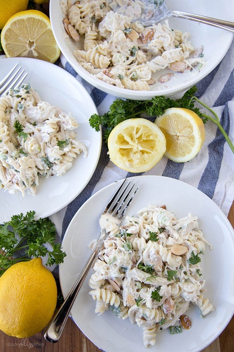 Creamy Lemon Chicken Pasta Salad - Chicken Salad with Pasta and a tangy, creamy lemon and Greek yogurt dressing.