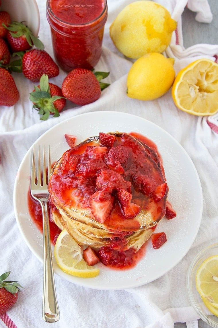 Lemon Pancakes with Fresh Homemade Strawberry Syrup - for brunch, breakfast or even dinner!
