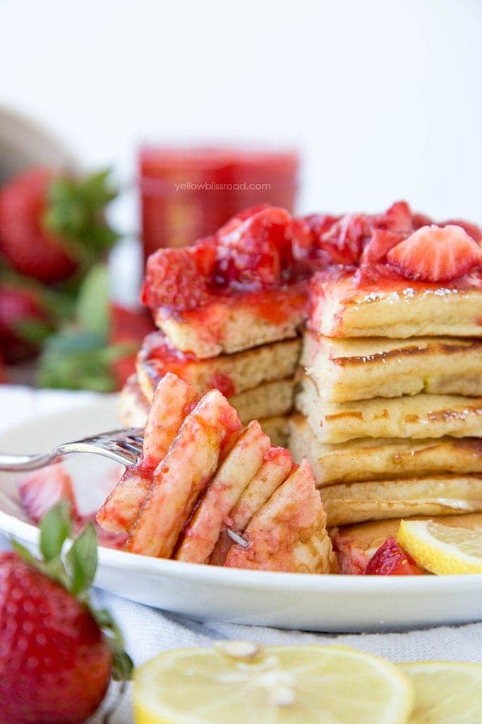 Lemon Pancakes with Fresh Homemade Strawberry Syrup - for brunch, breakfast or even dinner!