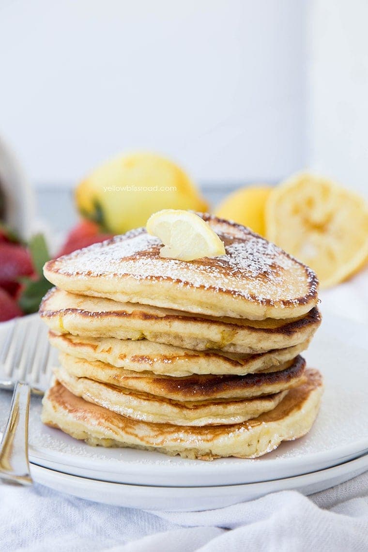 Lemon Pancakes with Fresh Homemade Strawberry Syrup - for brunch, breakfast or even dinner!