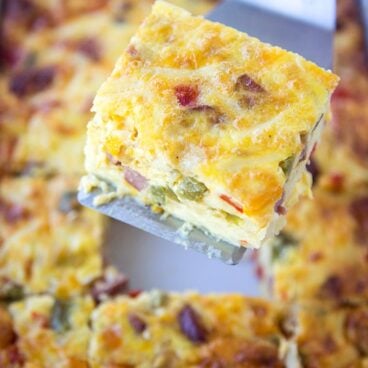 A slice of a breakfast casserole