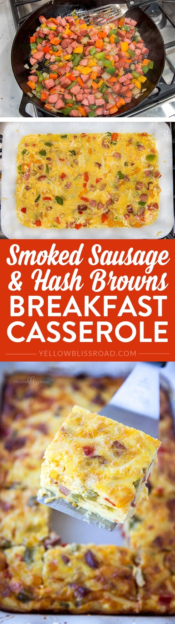 Smoked Sausage & Hash Brown Breakfast Casserole - A hearty, cheesy and savory breakfast casserole that's perfect for brunch or anytime you need to feed a crowd