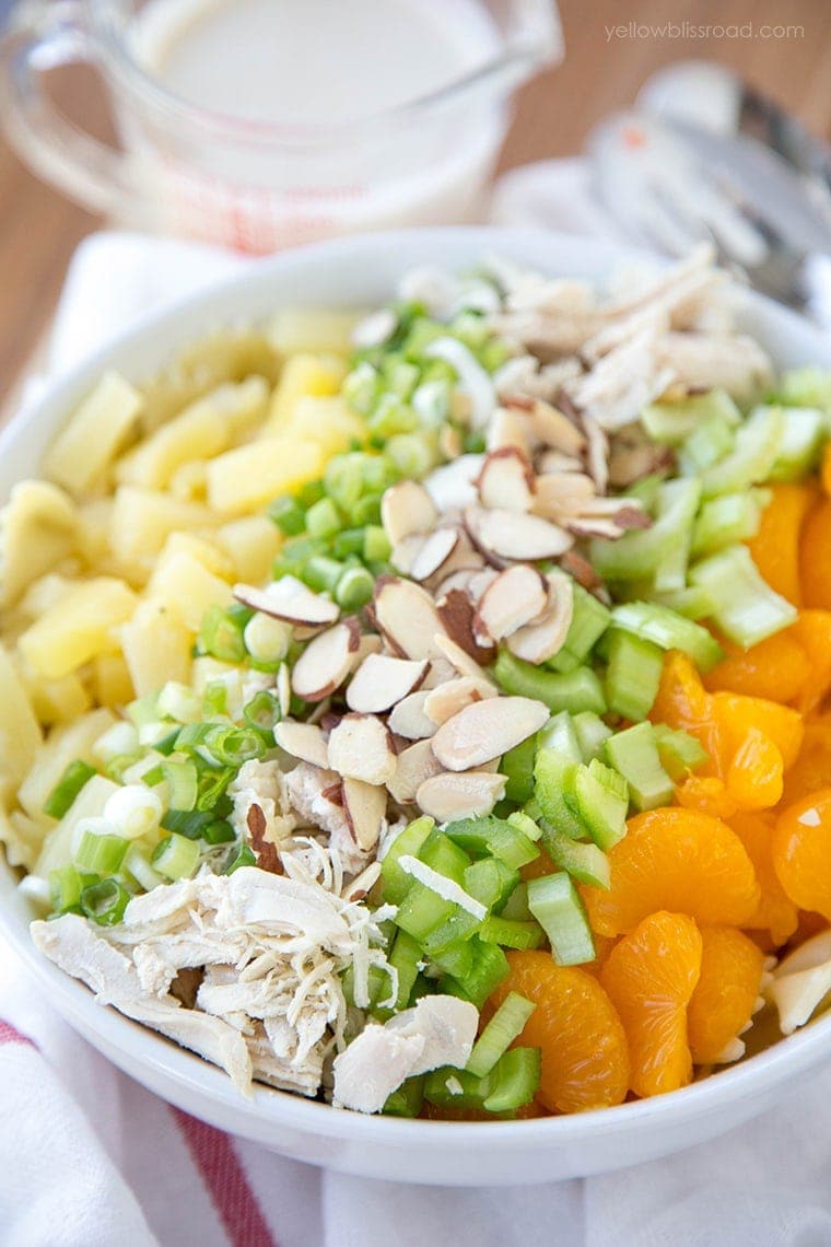 Tropical Chicken Pasta Salad with a creamy Greek Yogurt vinaigrette