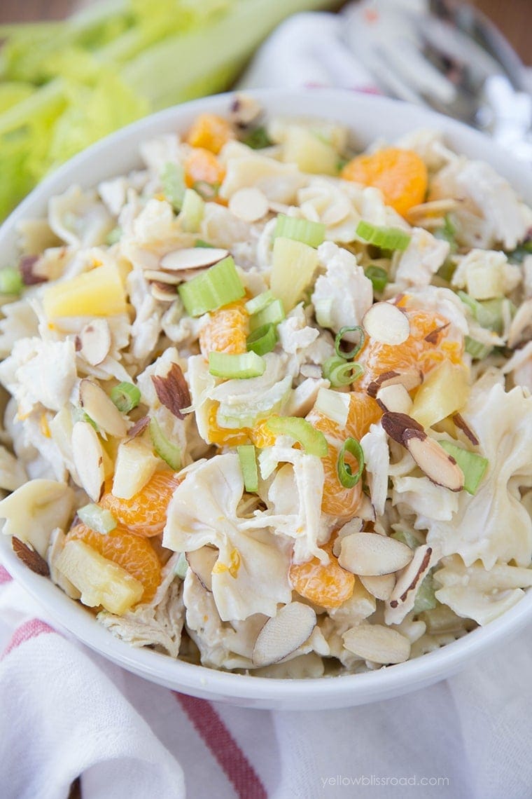 Tropical Chicken Pasta Salad with a creamy Greek Yogurt vinaigrette