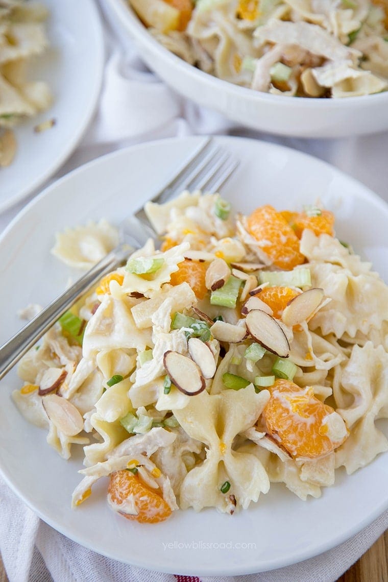 Tropical Chicken Pasta Salad with a creamy Greek Yogurt vinaigrette