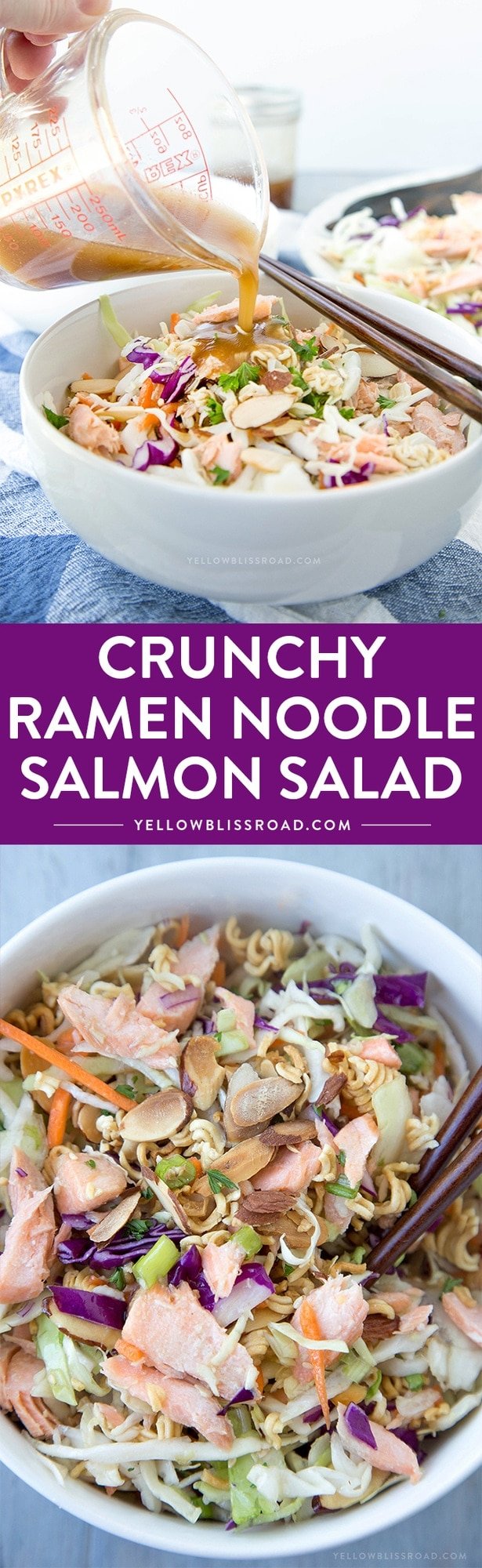 Crunchy Ramen Noodle Salad with Baked Salmon - a unique take on the classic potluck favorite Asian Style Ramen Noodle Salad