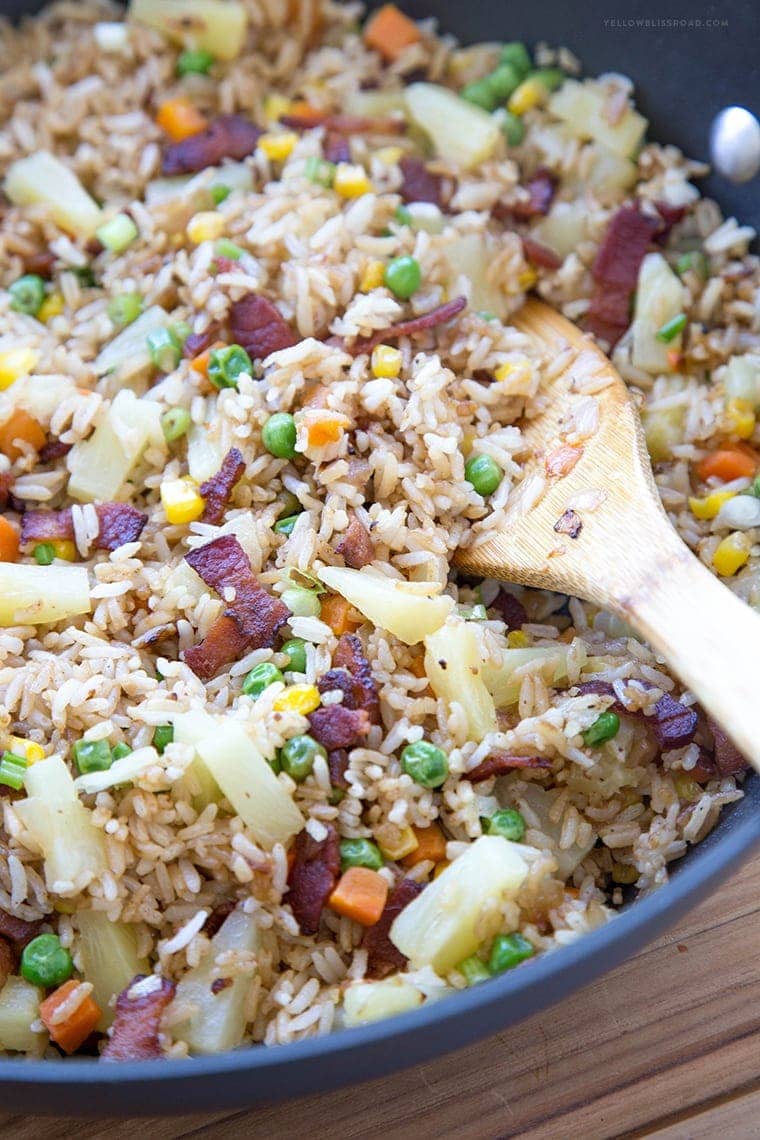 This Bacon & Pineapple Fried Rice is full of sweet pineapple and salty, crunchy bacon. It's ready in less than 15 minutes and makes a delicious side dish or entree any day of the week.