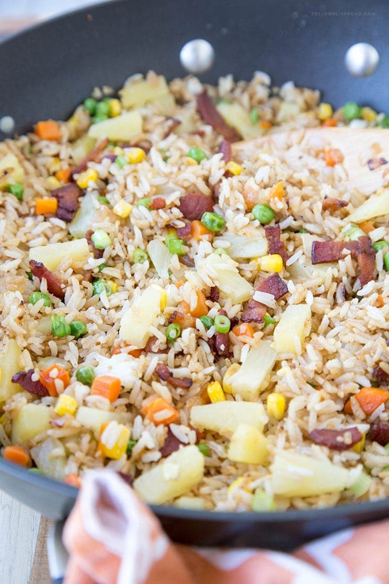 This Bacon & Pineapple Fried Rice is full of sweet pineapple and salty, crunchy bacon. It's ready in less than 15 minutes and makes a delicious side dish or entree any day of the week.