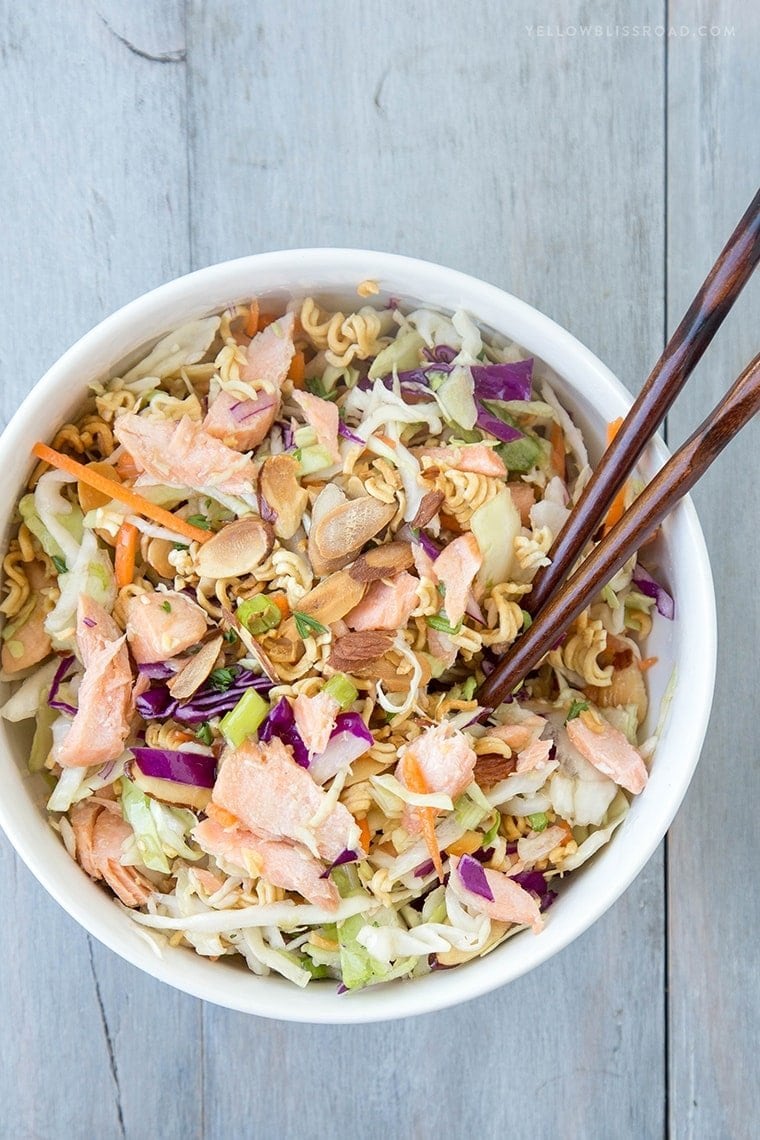 Crunchy Ramen Noodle Salad with Baked Salmon - a unique take on the classic potluck favorite Asian Style Ramen Noodle Salad