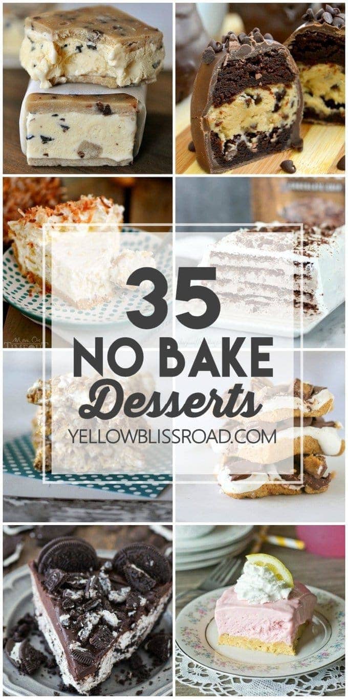 35 No Bake Desserts for those times you want something sweet and homemade but you don't want to turn the oven on. Delicious no bake pies, cakes, cheesecakes and more!