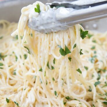 A pan filled with Creamy Spaghetti