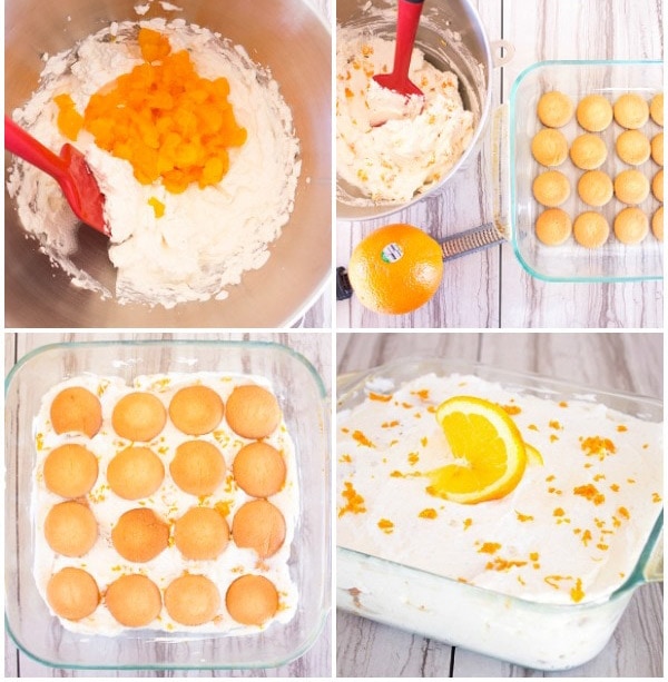 collage of orange icebox cake how to steps