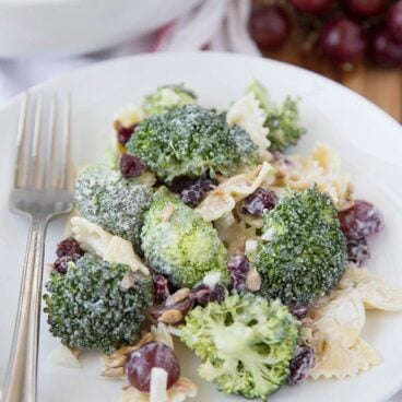 A plate of broccoli salad