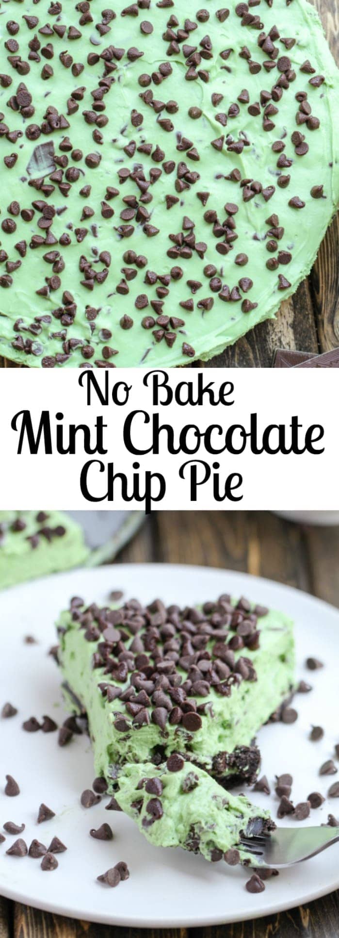 This No Bake Mint Chocolate Chip Pie is fast, easy, and filled with chocolate chips and mint candies. It's the perfect summer night treat! 