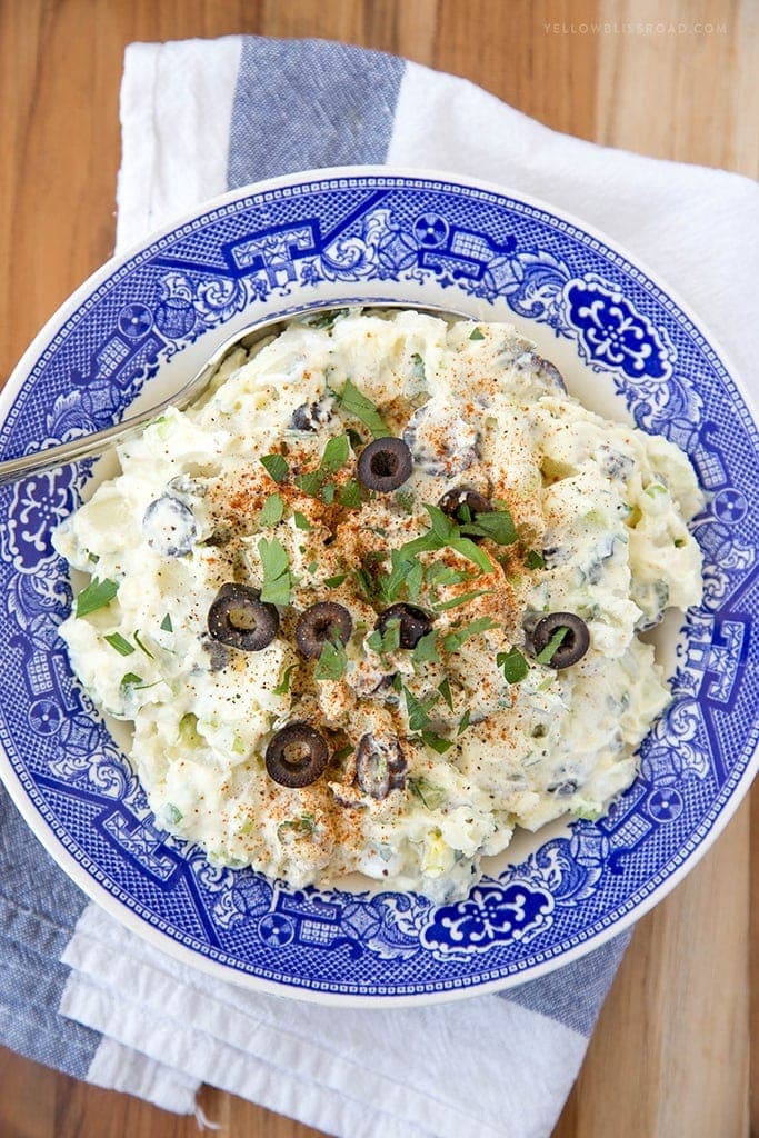 Favorite Potato Salad - a classic summer side dish for barbecues and picnics, with pickles, olives and hard boiled eggs.