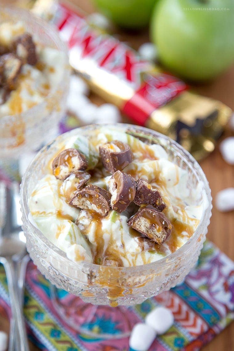 Twix Apple Fluff Salad - with pineapple, caramel, marshmallows in a yummy vanilla Cool Whip dressing! Perfect dessert salad for picnics or potlucks!