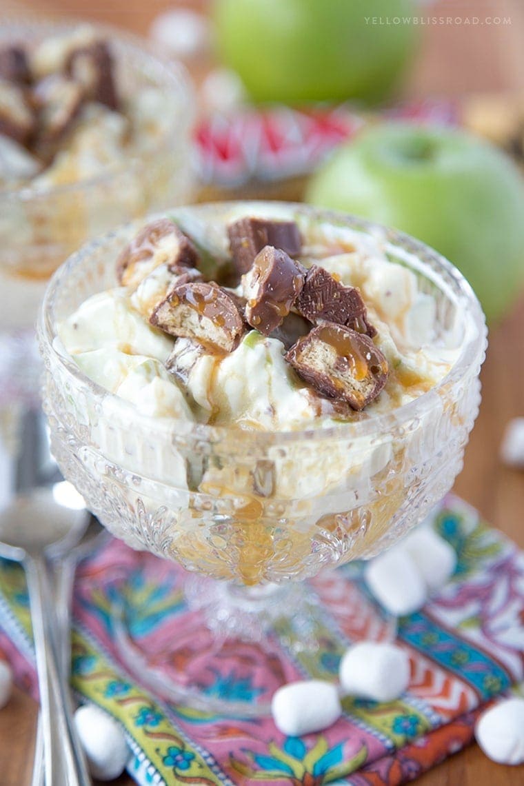 Twix Apple Fluff Salad - with pineapple, caramel, marshmallows in a yummy vanilla Cool Whip dressing! Perfect dessert salad for picnics or potlucks!