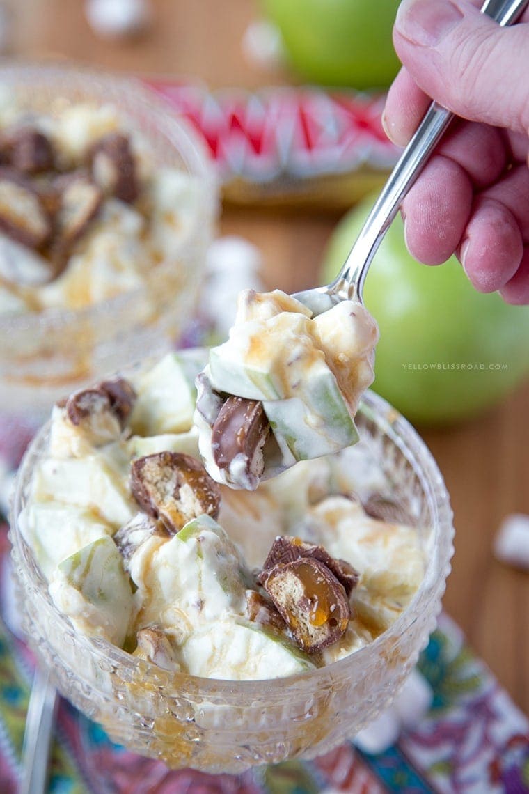 Twix Apple Fluff Salad - with pineapple, caramel, marshmallows in a yummy vanilla Cool Whip dressing! Perfect dessert salad for picnics or potlucks!