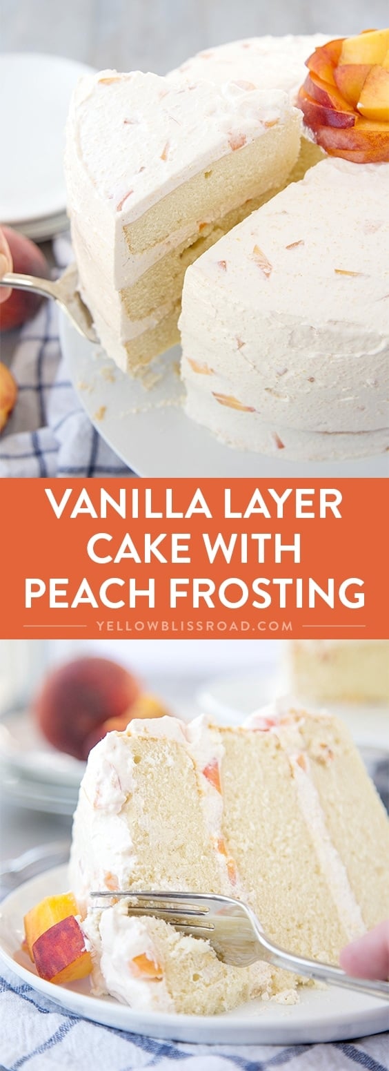 Vanilla Peach Layer Cake is a perfect dessert for summer. Tender, moist cake is layered with a sweet peaches and cream frosting, with chunks of fresh peaches.