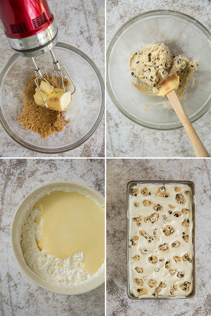 a collage of 4 images showing a mixer blending butter and sugar, raw cookine dough in a bowl with a spatula, a bowl with whipped cream and sweetened condensed milk and a loaf pan with no churn cookie dough ice cream.